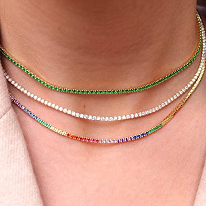 Luxval Tennis Necklace 14K Gold Plated Rhinestone Butterfly Choker Necklaces for women Dainty Zirconia Cut Faux Diamond chain 3mm - color: Green-tennis