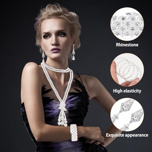 1920s Pearl Jewelry Set - Long Pearl Necklace, Earring Set, Multilayer Bracelet - Flapper Accessories for Women - color: Delicate