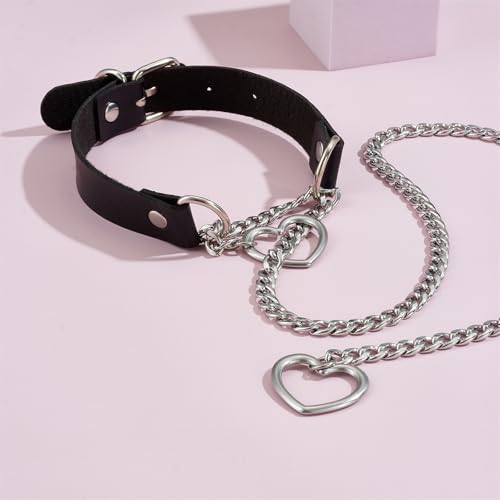 Slip Chain Necklace with Leather Choker Stainless Steel Cuban Link Long Lariat Necklace Punk Rock Heart Chain Necklace Handmade Collar for Women - color: Black&Silver