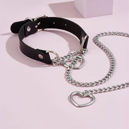 Slip Chain Necklace with Leather Choker Stainless Steel Cuban Link Long Lariat Necklace Punk Rock Heart Chain Necklace Handmade Collar for Women - color: Black&Silver