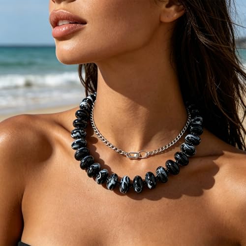 Beaded Necklace for Women Statement Chunky Necklace Boho Bead Choker Acrylic Big Bead Necklaces Summer Beach Jewelry for Women - color: Black