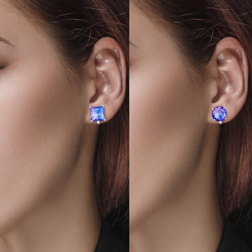 YOQUCOL 2 Pairs 8MM Cubic Zirconia Crystal Clip On Stud Earrings Non Pierced Stud Earrings For Women - color: Aurora-Purple Blue