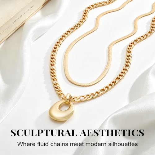 14K Gold/Silver Plated Dainty Snake Chain Layered Necklace for Women | Irregular Oval Pendant Minimalist Dainty Statement Gold Layering Everyday Jewelry - color: Gold - Polished