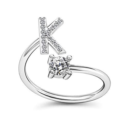 FUTIMELY Initial Letter Ring Alphabet Ring A-Z Silver Crystal Open Adjustable Personalized Initial Ring for Women - style: K