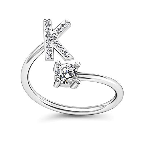 FUTIMELY Initial Letter Ring Alphabet Ring A-Z Silver Crystal Open Adjustable Personalized Initial Ring for Women - style: K