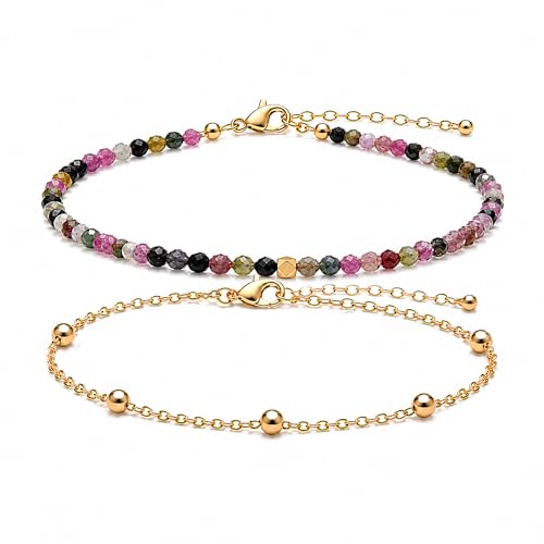 2Pcs Beaded Anklets for Women, Natural Stone Bead Ankle Bracelets with 14K Gold Plated Chain, Waterproof Adjustable Layered Anklet Set, Boho Beach Summer Jewelry Gift - color: Rainbow Tourmaline
