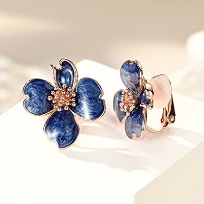 Clip on Earrings Women, 14K Gold Plated Earrings for Sensitive Ears, Fashion Women's Earrings Jewelry Birthday Gift for Wife Grandma Daughter Girls on Christmas Thanksgiving - color: Rose Gold Blue Earrings