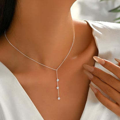 925 Sterling Silver Lariat Necklace for Women | Cubic Zirconia Long Necklace 14k Gold Plated Trendy Y Shape Drop Pendant Necklace for Mother Daughter Birthday Jewelry Gifts - color: Silver