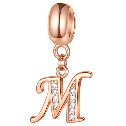 EMOSTAR Letter Charms Initial A-Z Alphabet Beads, Rose Gold 925 Sterling Silver Dangle CZ Birthstone Pendant, Gifts for European Charm Bracelet/Mothers Day/Birthday - color: Letter M
