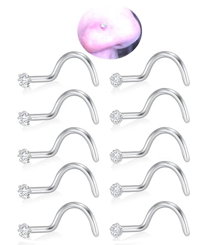 20G Nose Rings Studs for Women Corkscrew Sliver Nose Studs Hypoallergenic Nose Rings 316L Stainless Steel Nose Nostril Percing Jewely for Women Men Round Square CZ Imitation Diamond 1.5mm/2.0mm/2.5mm/3.0mm - style: 20G-screw-sliver-1.5mm