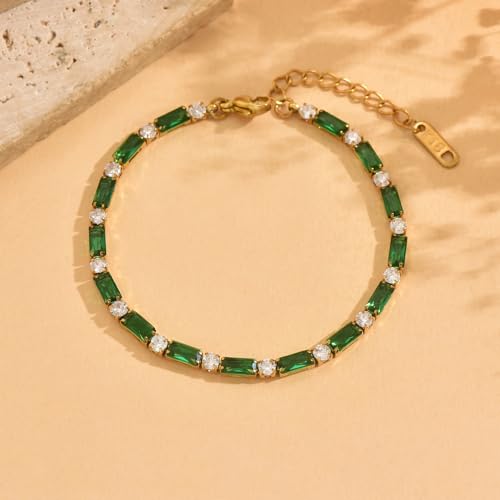 18K Gold Plated Multi-Color Classic Tennis Bracelet for Women Dainty Color 3mm Rainbow Cubic Zirconia Bracelet Adjustable CZ Gold Bracelets Trendy Summer Jewelry Gift - style: Green-Gold