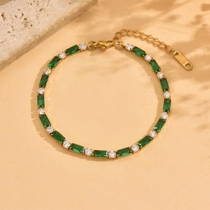 18K Gold Plated Multi-Color Classic Tennis Bracelet for Women Dainty Color 3mm Rainbow Cubic Zirconia Bracelet Adjustable CZ Gold Bracelets Trendy Summer Jewelry Gift - style: Green-Gold