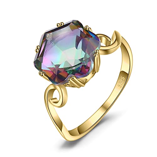 JewelryPalace Fancy Cut 5.7ct Multicolor Genuine Rainbow Quartz Cocktail Rings for Her, 14K White Yellow Rose Gold Plated 925 Sterling Silver Ring for Women, Natural Gemstone Jewelry Rings - color: B-Yellow Gold Plated