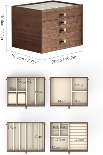 CHOSIN Black Walnut Jewelry Box for Women, 4-Layer Wooden Organizer with Glass Lid, for Watches, Necklaces, Rings & Earrings Storage Christmas Gifts | 3 Drawers, No Mirror, Unlocking, Transparent Glass Lid, Velvet Interior, Storage for Earrings, Rings, Br