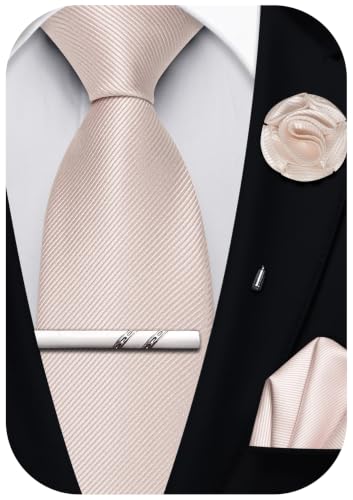 Solid Color Tie and Pocket Square with Tie Clip Lapel Pin Silk Formal Necktie Set Wedding Formal - color: Light Pink