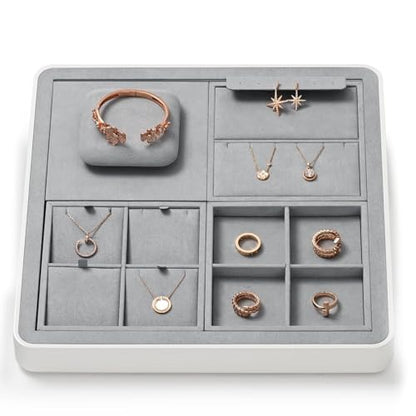 Microfiber Jewelry Tray Showcase Display | Necklace Bracelet Ring Showcase Display Empty Plate Gray - size: 16.2" x 16.2" x 3.15"