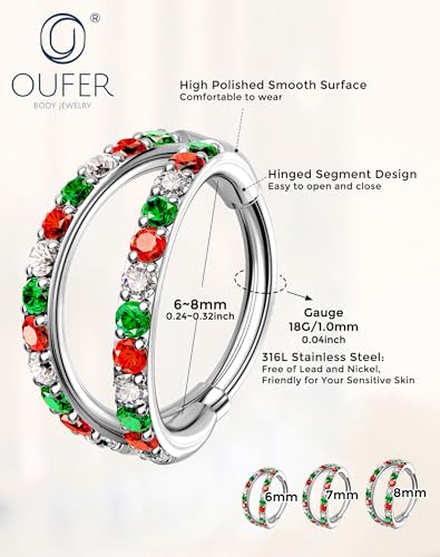 OUFER Christmas Double Hoop Nose Ring, 18G/20 6/7/8mm Red Green Christmas Nose Piercing Nose Rings Hoops Surgical Steel, Festive Hoop Nose Rings for Women Perfect for Xmas Nostril Piercing Jewelry - color: Red&Green