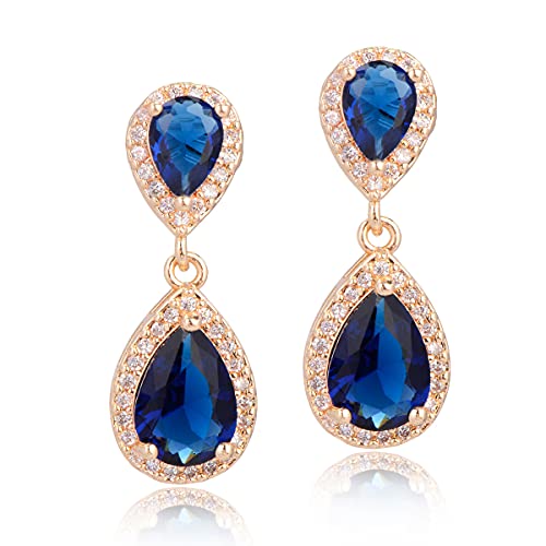 Pave Teardrop Earrings for Wedding Sterling Silver Double Pear Shaped CZ Cubic Zirconia Crystal Rhinestone Birthstone Dangle Earrings Bridal Jewelry for Bride Bridesmaids - color: Royal Blue Sapphire-Gold