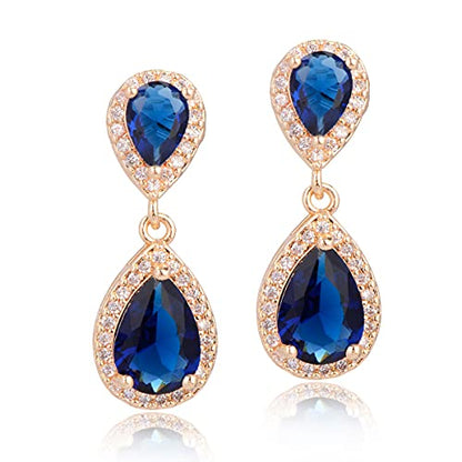 Pave Teardrop Earrings for Wedding Sterling Silver Double Pear Shaped CZ Cubic Zirconia Crystal Rhinestone Birthstone Dangle Earrings Bridal Jewelry for Bride Bridesmaids - color: Royal Blue Sapphire-Gold