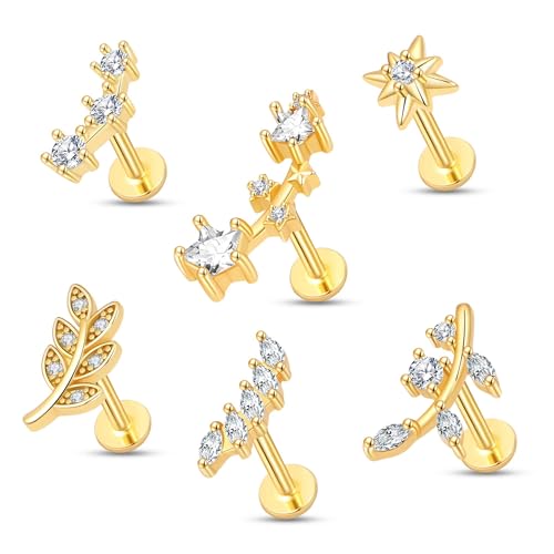 Flat Back Cartilage Earrings CZ Earring Studs Set Helix Conch Tragus Labret Piercing Jewelry for Women Internal Thread Hypoallergenic Surgical Stainless Steel 14K Gold 16 Gauge - color: 16G Bar-6mm 14K Gold