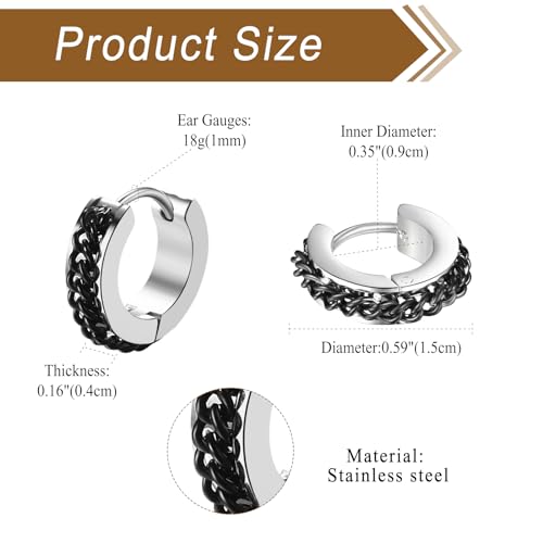 Aroncent Stainless Steel Hoop Earrings: 3-8 Pairs Men Small Hoop Huggie Hinged Earrings Set for Men Women 4mm Valentine Day Gifts - color: C-2PCS-Sliver+Black