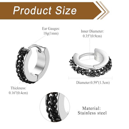Aroncent Stainless Steel Hoop Earrings: 3-8 Pairs Men Small Hoop Huggie Hinged Earrings Set for Men Women 4mm Valentine Day Gifts - color: C-2PCS-Sliver+Black