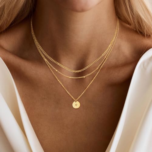 Layered Necklaces for Women, Simple Gold Necklace Stack Dainty 14K Gold Plated CZ Disc Pendant Necklace Set Non Tarnish Gold Jewelry Gifts - color: Gold-Cuban+Bead+Star