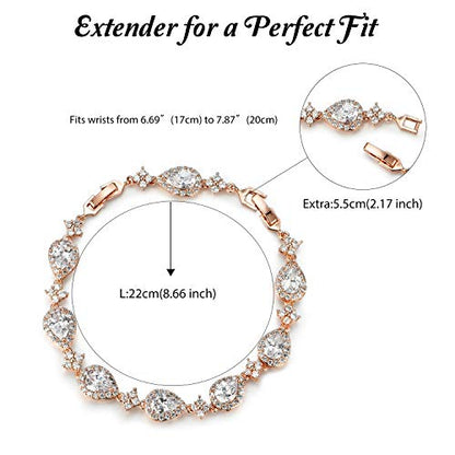 SWEETV Wedding Teardrop Bracelets for Brides Bridesmaids, Crystal Cubic Zirconia Bridal Bracelets for Women Prom - color: Rose Gold