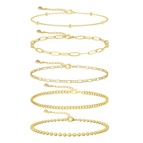 Cuzmly Bracelets for Women, Waterproof 14K Gold/Silver Plated Stackable Bracelets for Women Non Tarnish Trendy Dainty Paperclip Figaro Box Herringbone Hand Chain Bracelet Pack Stack Adjustable Jewelry for Women - style: 5 Satellite