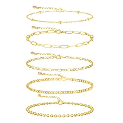 Cuzmly Bracelets for Women, Waterproof 14K Gold/Silver Plated Stackable Bracelets for Women Non Tarnish Trendy Dainty Paperclip Figaro Box Herringbone Hand Chain Bracelet Pack Stack Adjustable Jewelry for Women - style: 5 Satellite