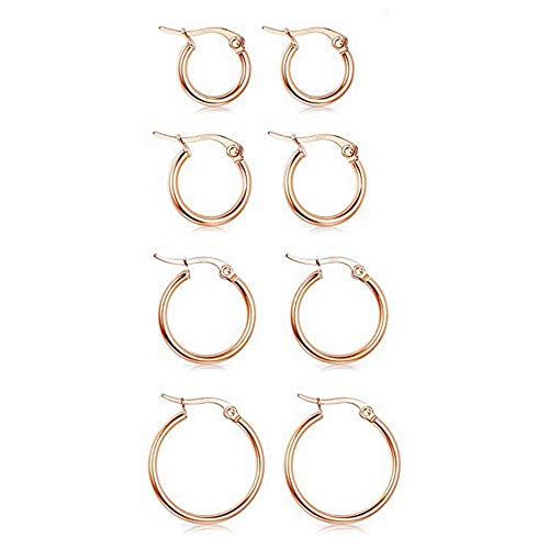 4 Pairs Stainless Steel Round Hoop Cute Huggie Earrings For Women Small Hoop Earring Set(10mm,15mm,20mm,25mm) - color: Rose Gold Tone-4Pairs