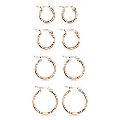 4 Pairs Stainless Steel Round Hoop Cute Huggie Earrings For Women Small Hoop Earring Set(10mm,15mm,20mm,25mm) - color: Rose Gold Tone-4Pairs