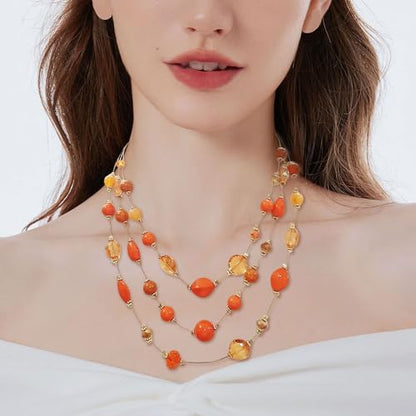 Coiris 3 Layers Illusion Wire Beaded Statement 19.5" Necklace for Women - color: N0005-Orange