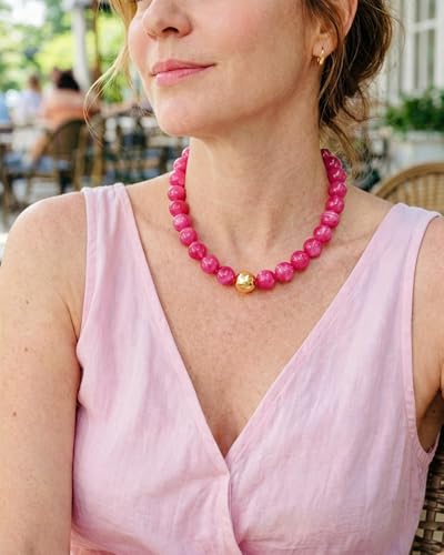 Chunky Beaded Necklace for Women Boho Statement Bead Necklace | Adjustable, Lightweight Choker, Round/Oval/Pebble Beads, Trendy Summer Beach Jewelry - color: Hot Pink-B