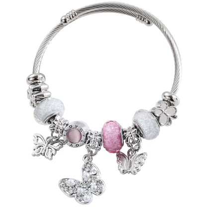 Charm Bracelets for Womens,Exquisite Cute Cartoon Friendship Silver Bracelets Stainless Steel Bangle, Womens Jewelry Suitable for Holiday Gifts and Birthday Gifts - color: Pink Bracelet