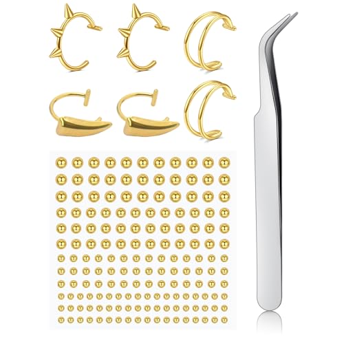Fake Eyebrow Ring Fake Lip Labret Studs Replacement Balls Spike with 100pcs Sticker Non-Piercing Body Jewelry Fake Skin Piercing - color: C1 -Gold