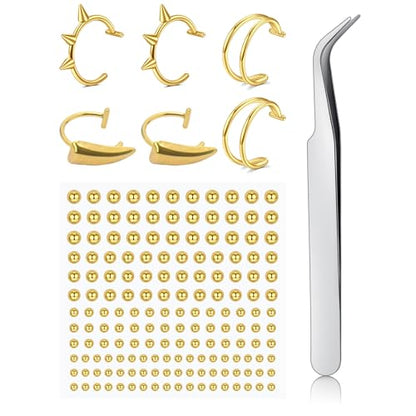 Fake Eyebrow Ring Fake Lip Labret Studs Replacement Balls Spike with 100pcs Sticker Non-Piercing Body Jewelry Fake Skin Piercing - color: C1 -Gold