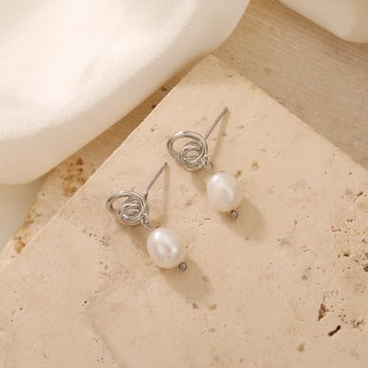 Pearl Earrings for Women 14K Gold Freshwater Pearl Hoop Earring Dangle Drop Wedding Earrings Bridal Bridesmaid Jewelry Gifts for Women - color: Silver Knot Pearl Drop Earrings