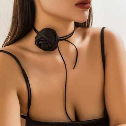 Red Camellia Flower Fabric Choker Necklace for Women Black Rose Floral Rope Statement Necklaces Trendy Costume Outfit Cloth Jewelry Petal Accessories - color: Black