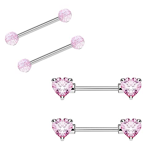VERAMI 14G Stainless Steel Heart Nipple Rings and Barbell - Butterfly, Starlight Acrylic Ball, Tongue Rings for Women and Men - color: T-PINK-CZ