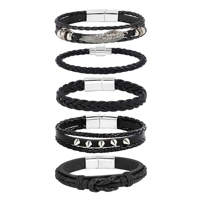 6-12PCS Braided Faux Leather Bracelet Punk Cuff Wrap Bracelets for Men Women Adjustable - color: E2:5PCS