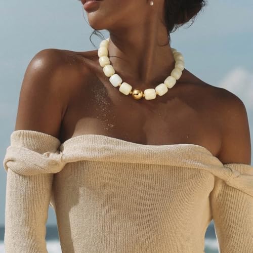 Chunky Beaded Necklace for Women Boho Statement Bead Necklace Adjustable Choker with Polished Disc/Square Beads Trendy Summer Beach Jewelry Gifts - color: White