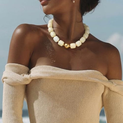 Chunky Beaded Necklace for Women Boho Statement Bead Necklace Adjustable Choker with Polished Disc/Square Beads Trendy Summer Beach Jewelry Gifts - color: White