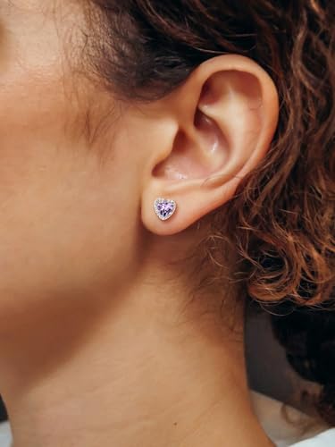 Suplight 925 Sterling Silver Birthstone Stud Earrings for Women, Round/Heart/Teardrop/Square Crystal Diamond Earrings for Women, Dainty Birthday Gifts Jewelry - color: style b-02. heart-February(Created Amethyst)