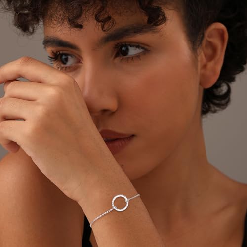 LeCalla 925 Sterling Silver Hammered Link Bracelets for Women | Handmade Bohemian Textured Chain & Oval Link Bracelet | Women's Adjustable Paperclip, Circle & Oval Hammered Bracelets - color: Hammered Open Circle