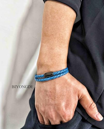 Braided Leather Bracelet，Double Wrap Bracelet with Black Stainless Steel Clasp, Two- way of Wearing as Mens Bracelet or Womens Choker Necklace, Urban and Minimalist Style - color: Aqua Blue