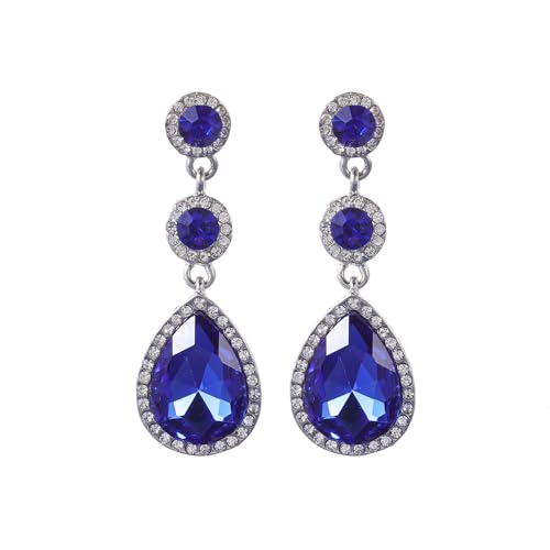YINLI Elegant Wedding Bridal Crystal Tear Drop Dangle Earrings for Women - color: Blue,Silver