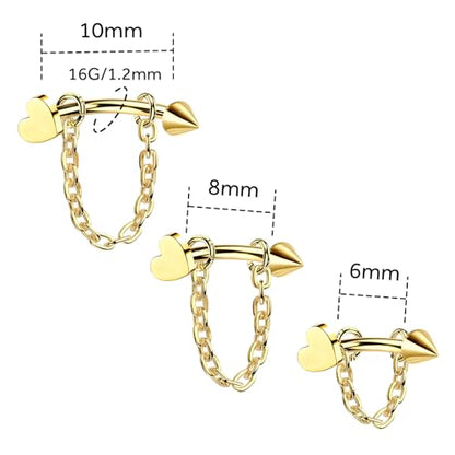 3 Pcs 316L Stainless Steel 16G Tragus Helix Rook Piercing Jewelry with Chain, Cartilage Earrings for Women, Belly Button Ring Vertical Labret Lip Piercing Jewelry - color: Gold, size: Heart