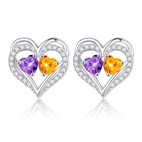 Heart Earrings for Women - Birthstone Earrings | 925 Sterling Silver, Stud Earrings, Gift Box Packaging, Anniversary Birthday Gifts for Women Wife Girlfriend Mom - color: 02-11-Feb-Nov Birthstone