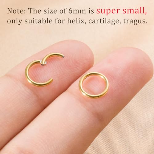 Small Gold Hoop Earrings, Lightweight 14K Gold Plated Huggie Hoop Earrings for Cartilage Helix Tragus, Hypoallergenic Earrings for Women Men, Tiny Thin Hoops Surgical Steel Endless Hoops Earrings 6-10 mm - color: 6mm Hoop Gold-18g